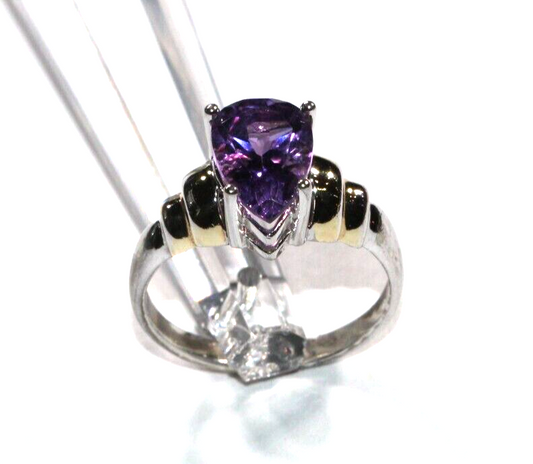 *VINTAGE* Sterling Silver 2.50 CT Amethyst Pear Cut Fancy Solitaire Ring Sz 8.75