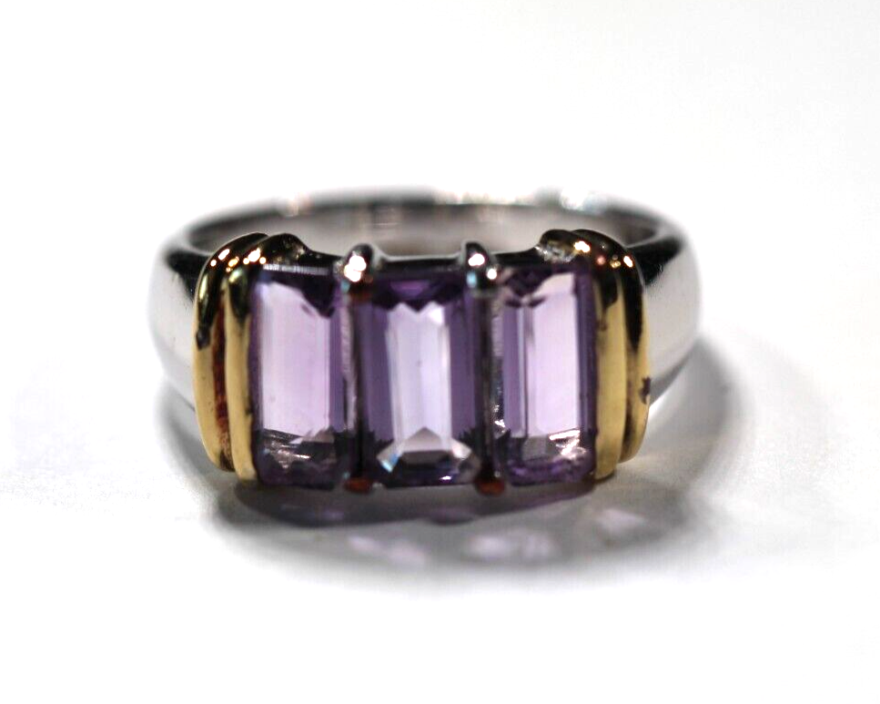 Two-Tone Sterling Silver & Gold Vermeil 6.0 CT Amethyst Ladies Ring Size 8.75