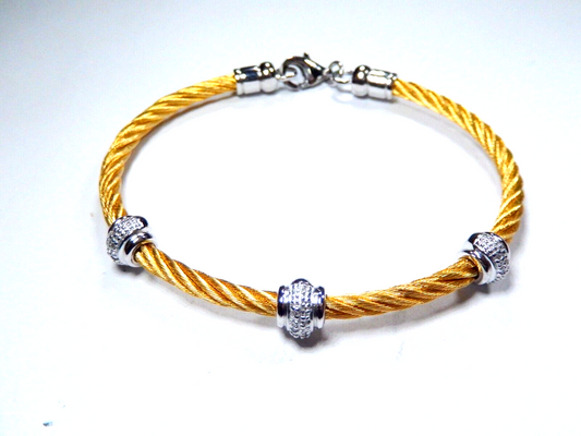 Sterling Silver / Gold Tone Stainless Steel Diamond Twist Bead Bracelet Size 7"