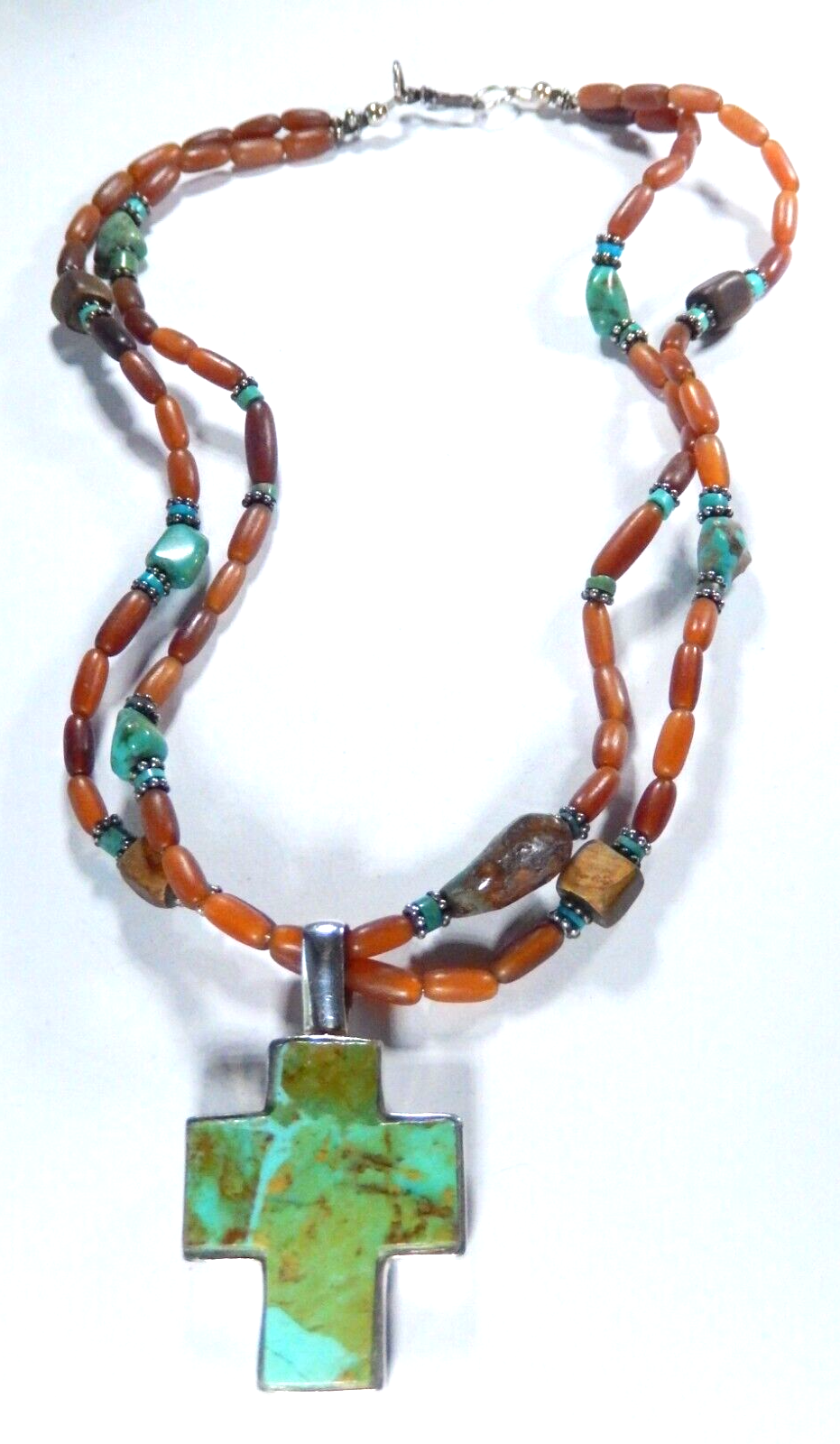 VINTAGE* Southwest Sterling Silver Turquoise Cross Pendant & Beaded 17"Necklace
