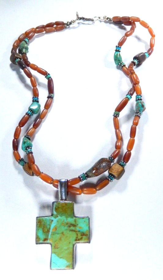 VINTAGE* Southwest Sterling Silver Turquoise Cross Pendant & Beaded 17"Necklace