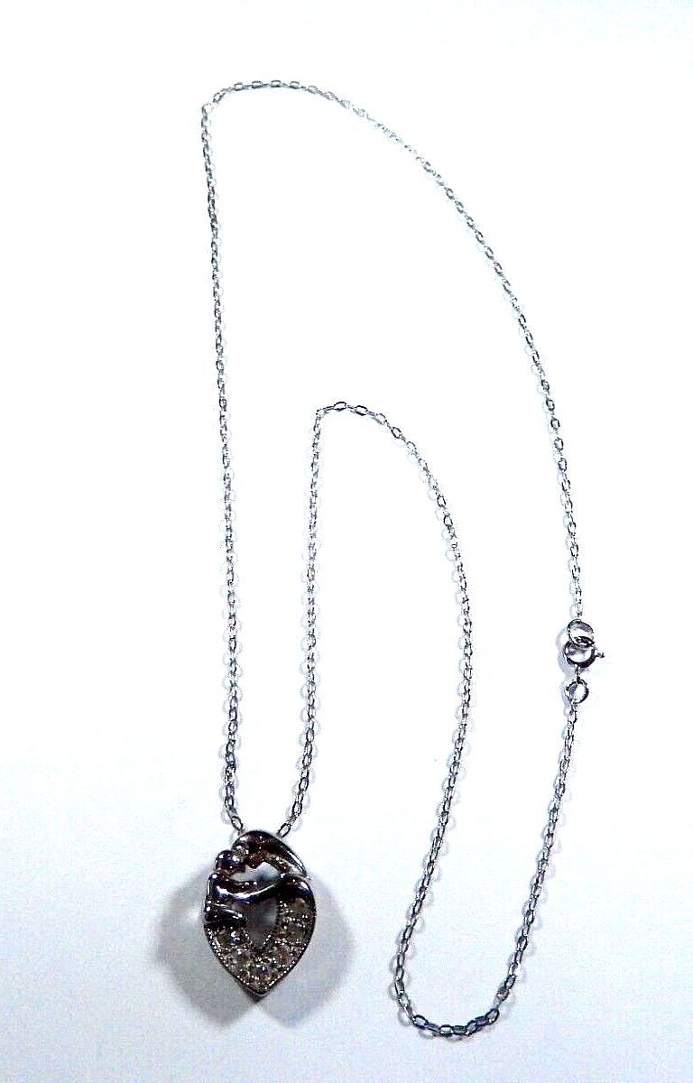 VINTAGE   Sterling Silver Mother  Child Heart CZ Pendant w 20 Sterling Chain