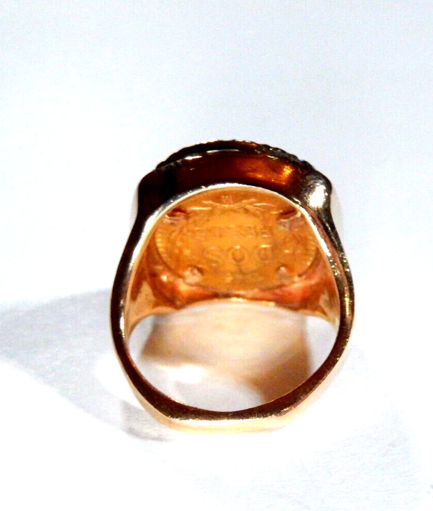 Stamped 14K Gold  Diamond Ring w 90 1945 Dos Pesos Mexican Gold Coin Size 4