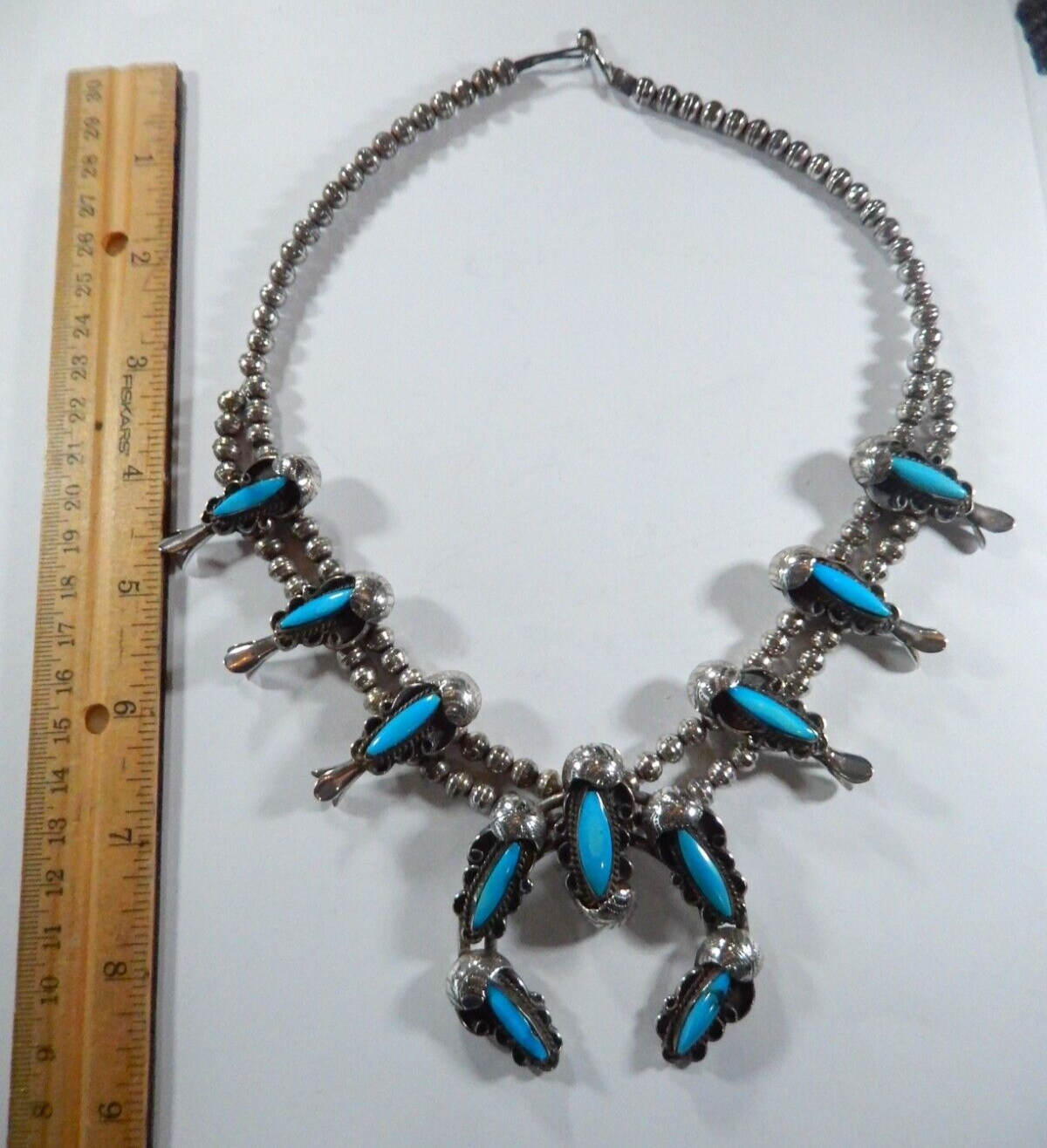 VINTAGE  Native American Turquoise Squash Blossom Necklace Sterling Silver 18