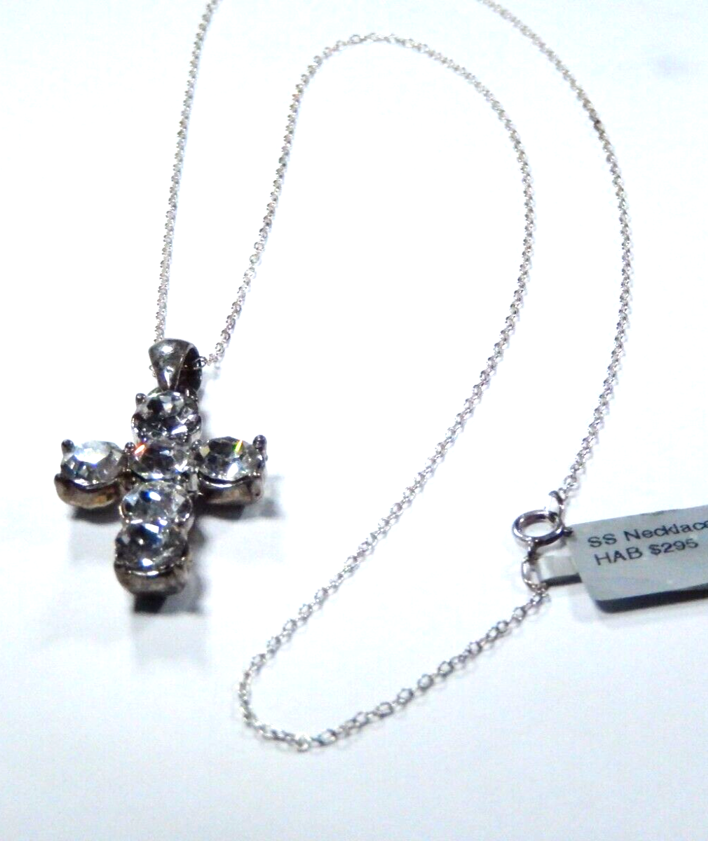 *VINTAGE*  Silver Tone  Cz Stone Cross Pendant w/ 18" Sterling Silver Chain