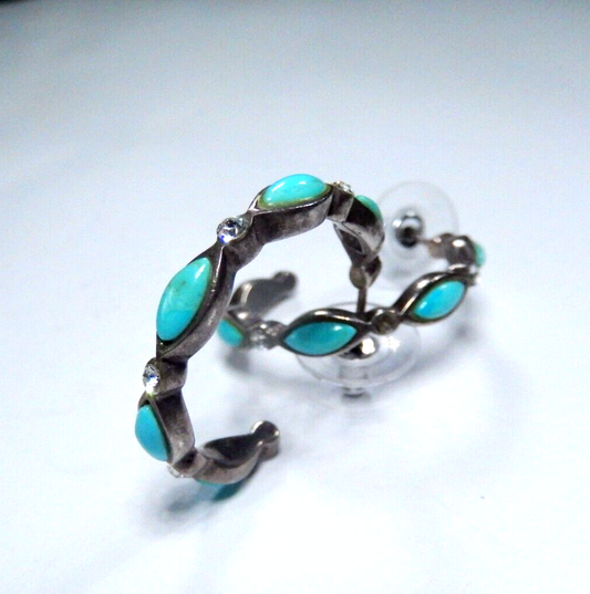 *VINTAGE*  BARSE Sterling Silver w/Turquoise & CZ Hoop Pierced Earrings