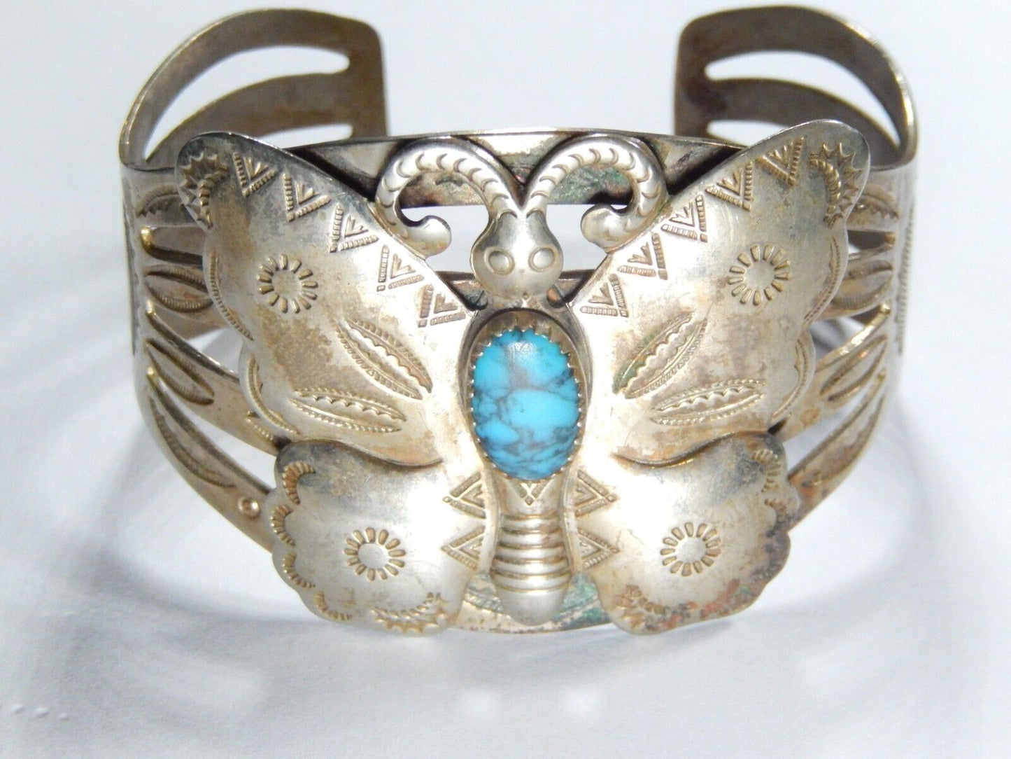 VINTAGE Bell Trading Post Nickel Silver Turquoise Butterfly 6 3/4" Cuff Bracelet