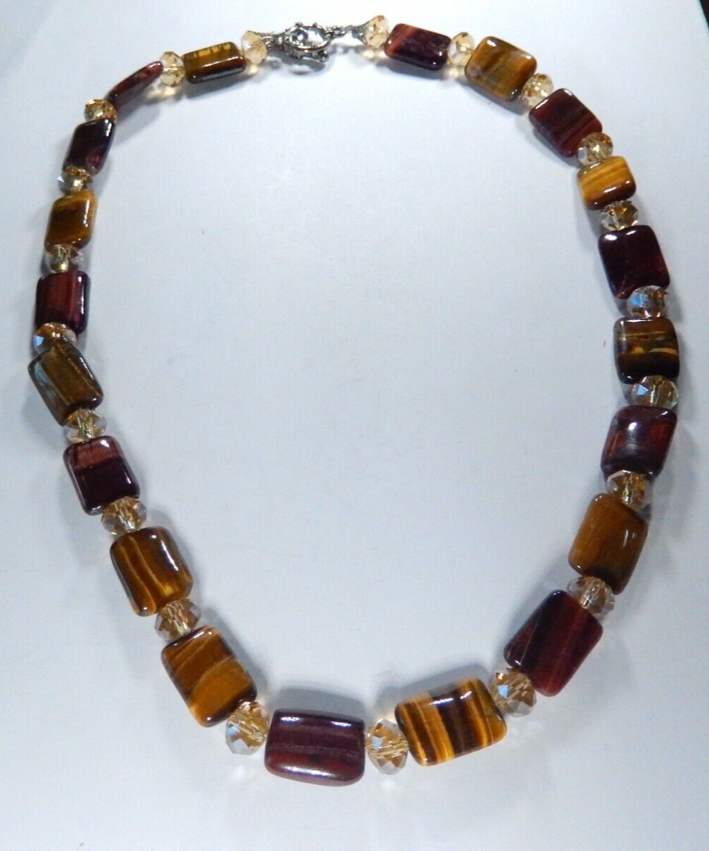 *VINTAGE*  Genuine Tigers Eye Bead Necklace With Crystal Bead Spacers 20" Length