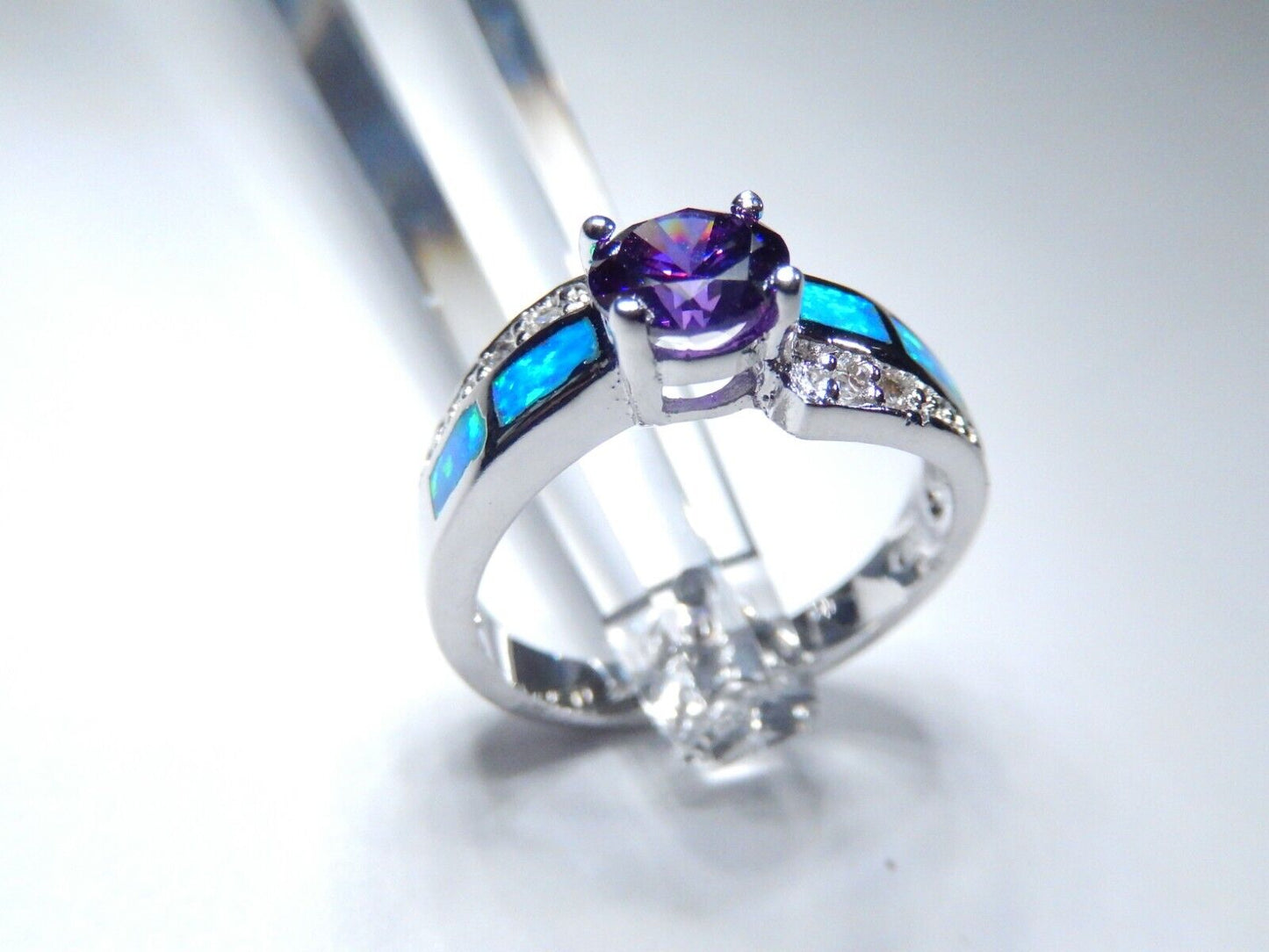 Amethyst & Blue Fire Opal Inlay with CZ Accents 925 Sterling Silver Ring sz 8.5