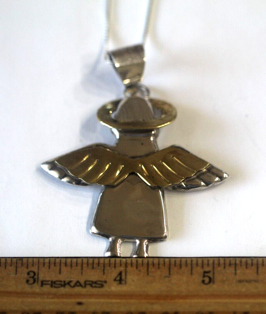 *VINTAGE* LARGE Angel Pendant  Stamped 925 Silver & Brass Taxco Mexico w/18" Cha