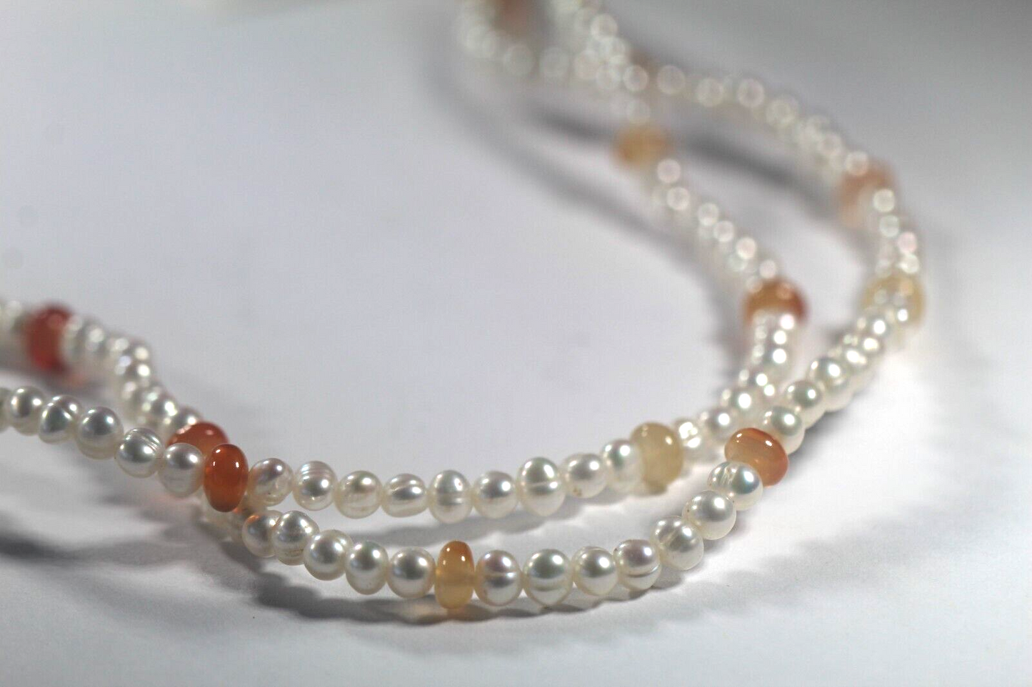 *NEW* Long 36" Real 4-5mm White Baroque Pearl & Orange Gemstone Beads Necklace