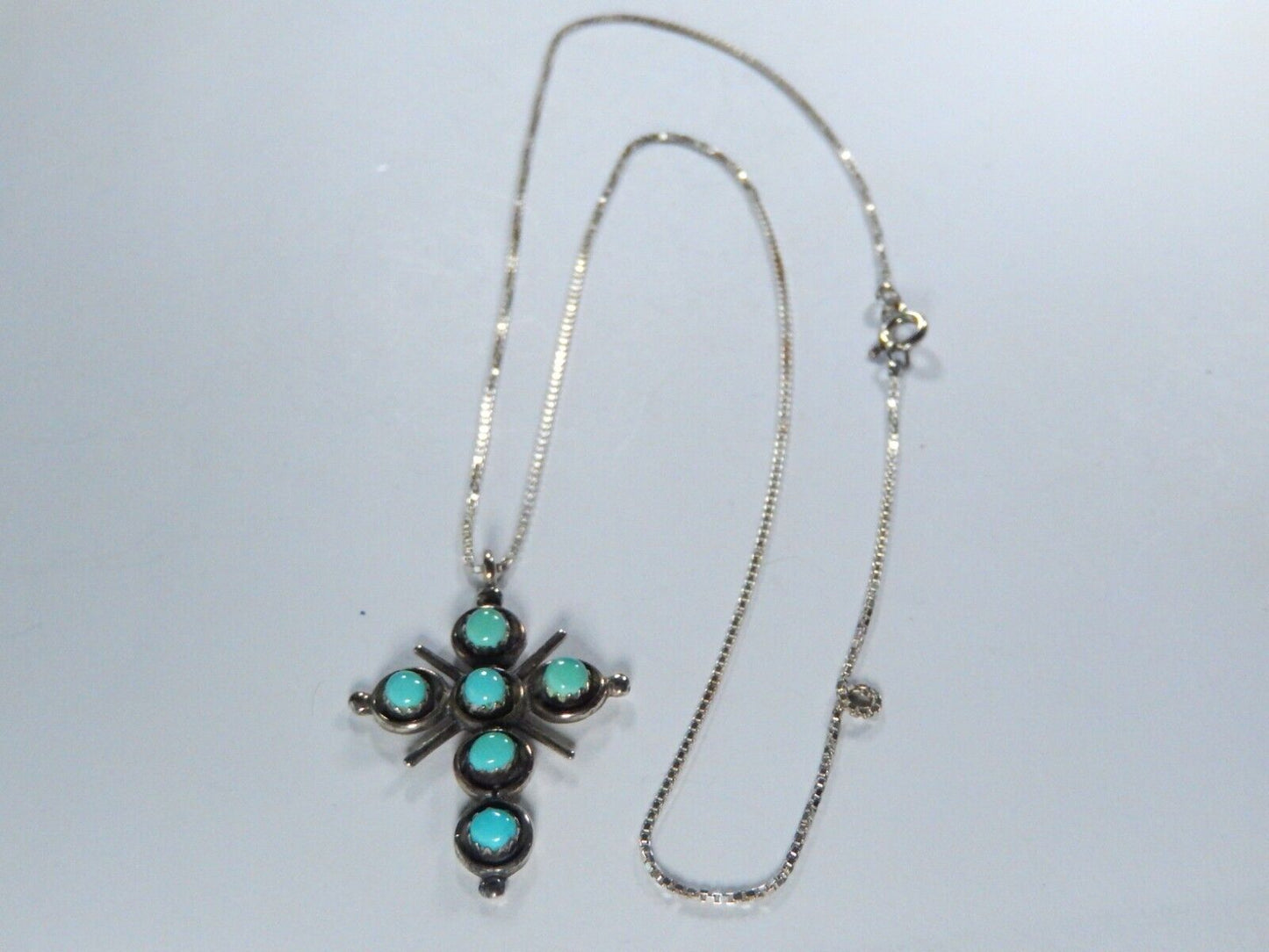 *VINTAGE*  Zuni Artist "HM" Sterling Silver Turquoise Cross Pendant w/20" Chain
