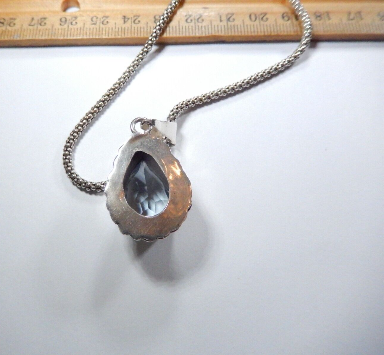 *VINTAGE* Mexico Large Sterling Silver 12.0 CT Blue Topaz Pendant w/20" Lg Chain