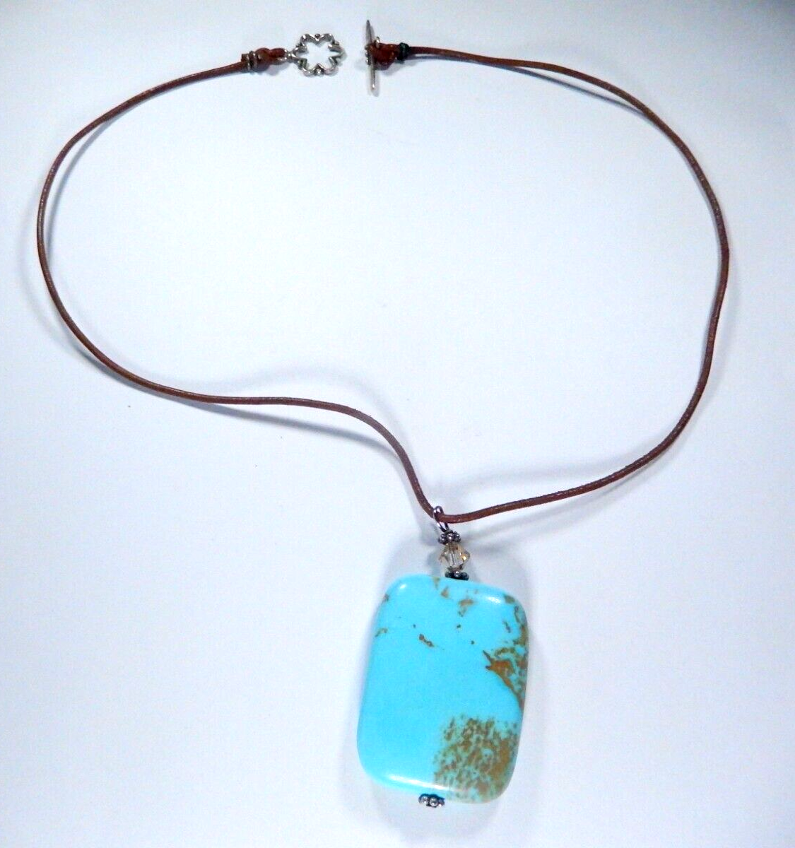 VINTAGE Southwestern Huge Solitary Turquoise Gemstone On Leather Strand Necklace