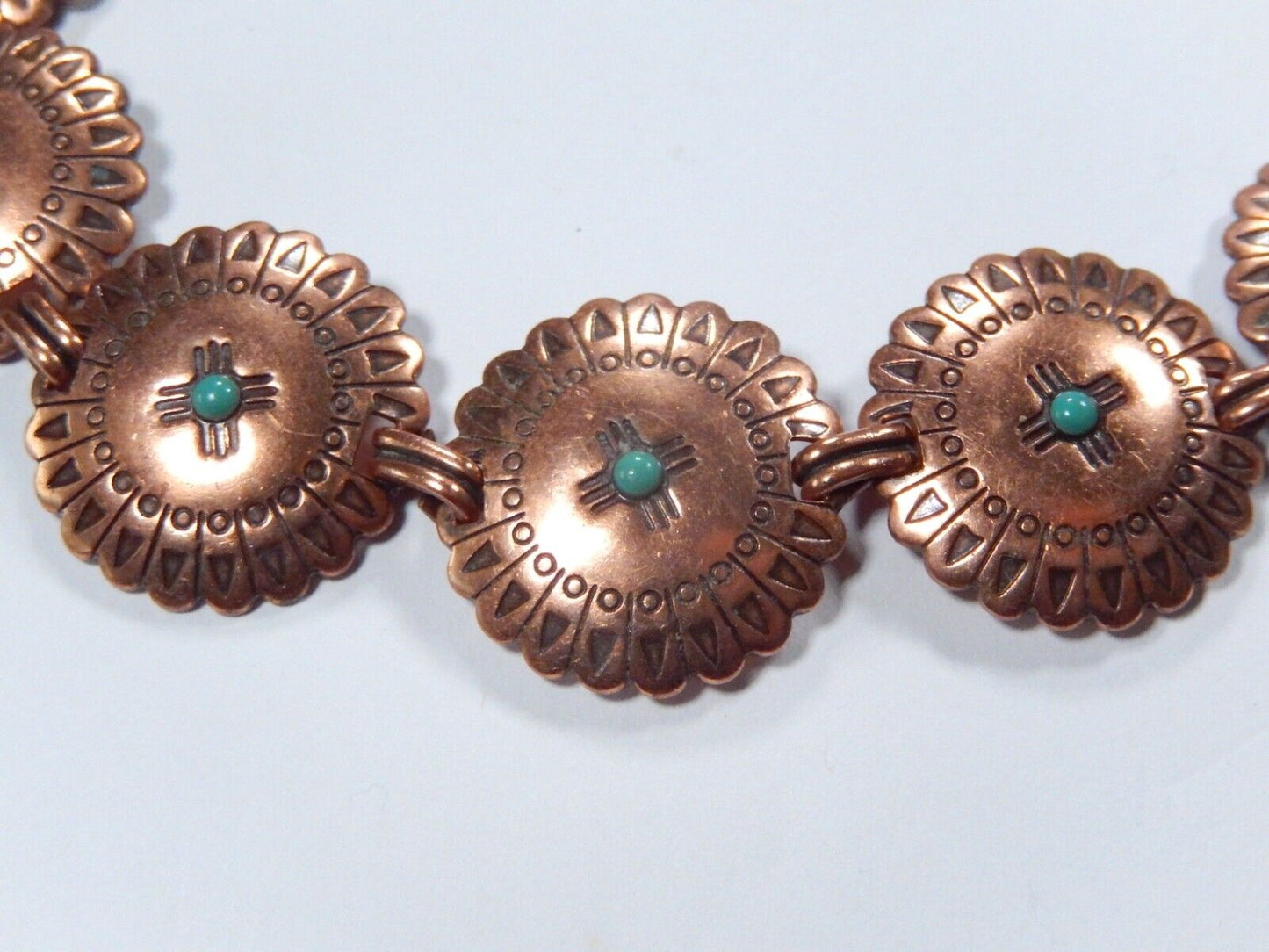 Vintage Southwest Copper Stamped Turquoise Concho 7 Links Bracelet 8" Length