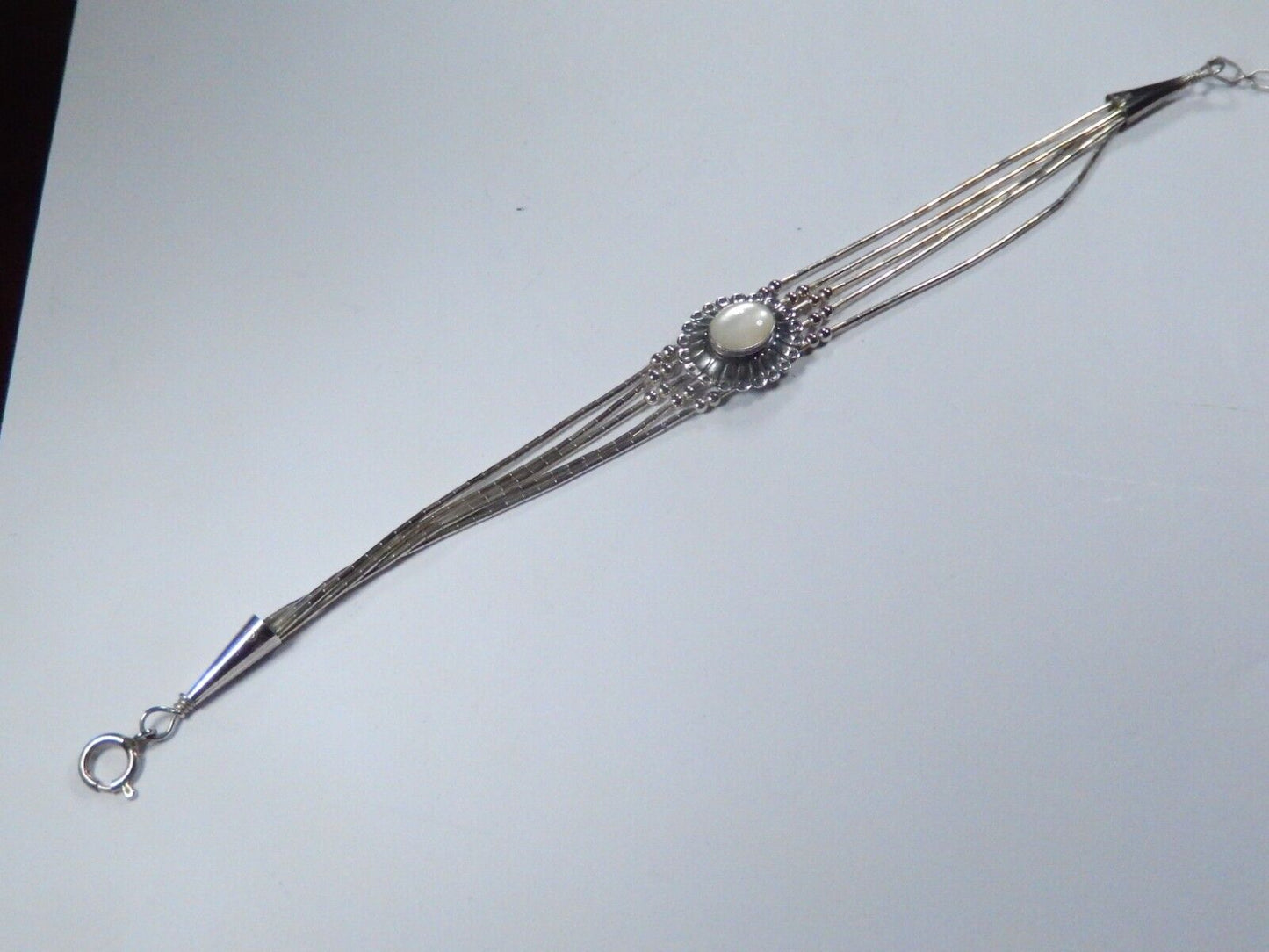 VTG Native American Liquid Sterling Silver Moonstone Bead 65Strand Bracelet 7-8"