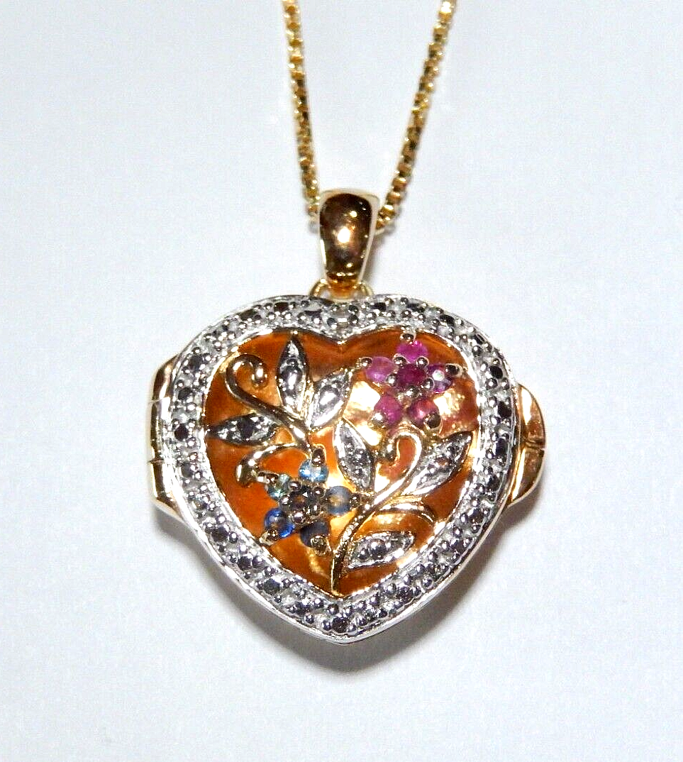 NEWRoss Simmons Gold Vermeil Diamond Sapphire Ruby Heart Locket w18 Chain