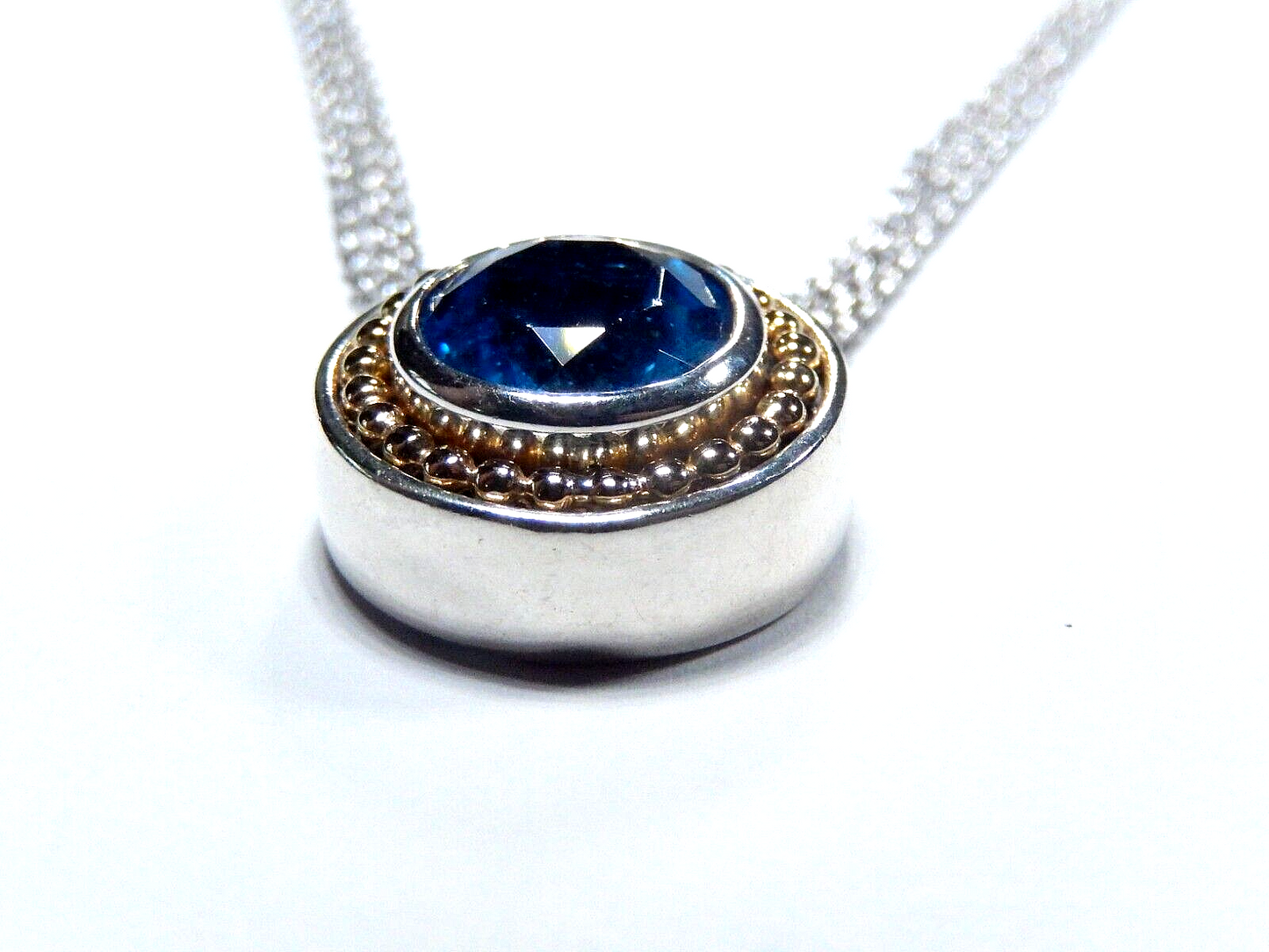 10mm RD Blue Topaz 14K Yellow Gold 925 Sterling Silver Pendant 3 Strand Necklace