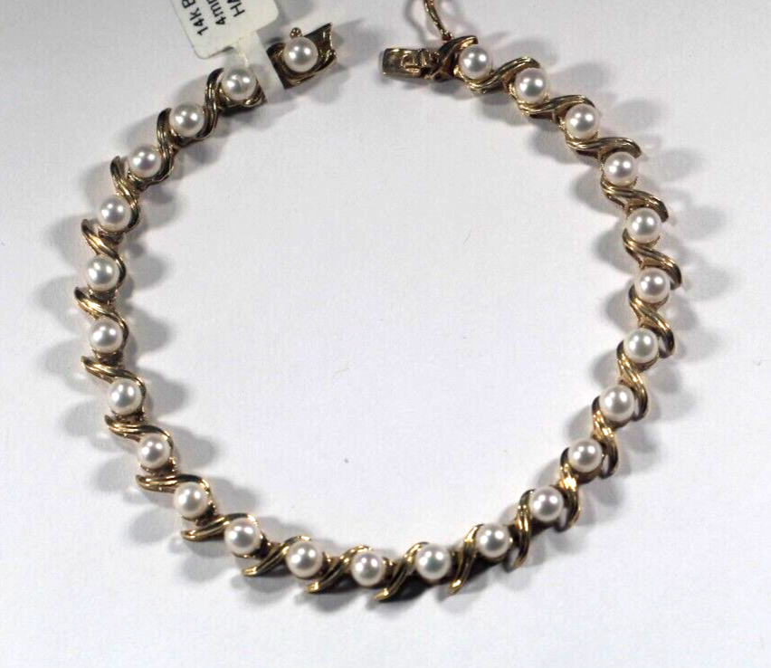 Stamped 14k Gold Link Bracelet with 25 - 4 mm Pearls 7" Length - 9.7 gms