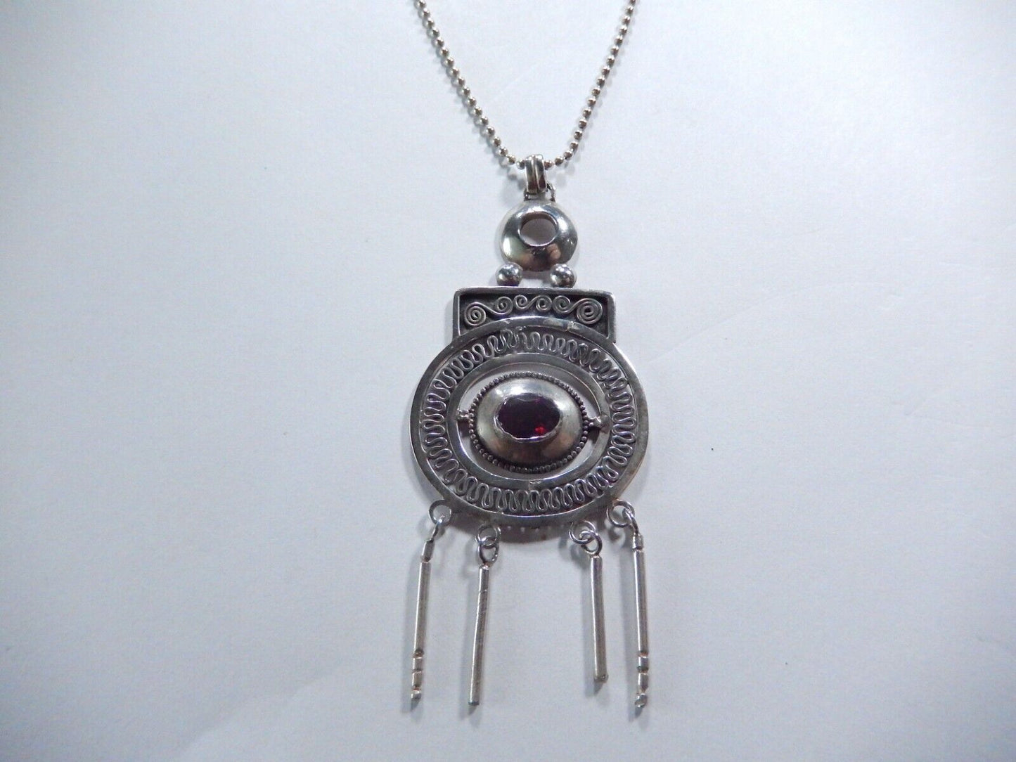 *VINTAGE* Sterling Silver Boho Art Deco 90s Garnet Pendant w/Bead-Ball 24"Chain