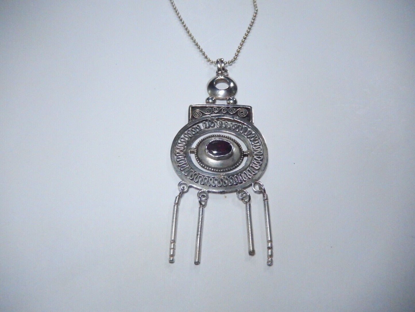 *VINTAGE* Sterling Silver Boho Art Deco 90s Garnet Pendant w/Bead-Ball 24"Chain