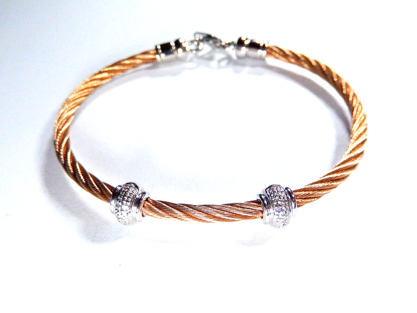 Sterling Silver Rose Gold Tone Stainless Steel Diamond Twist Bead Bracelet Sz 7"