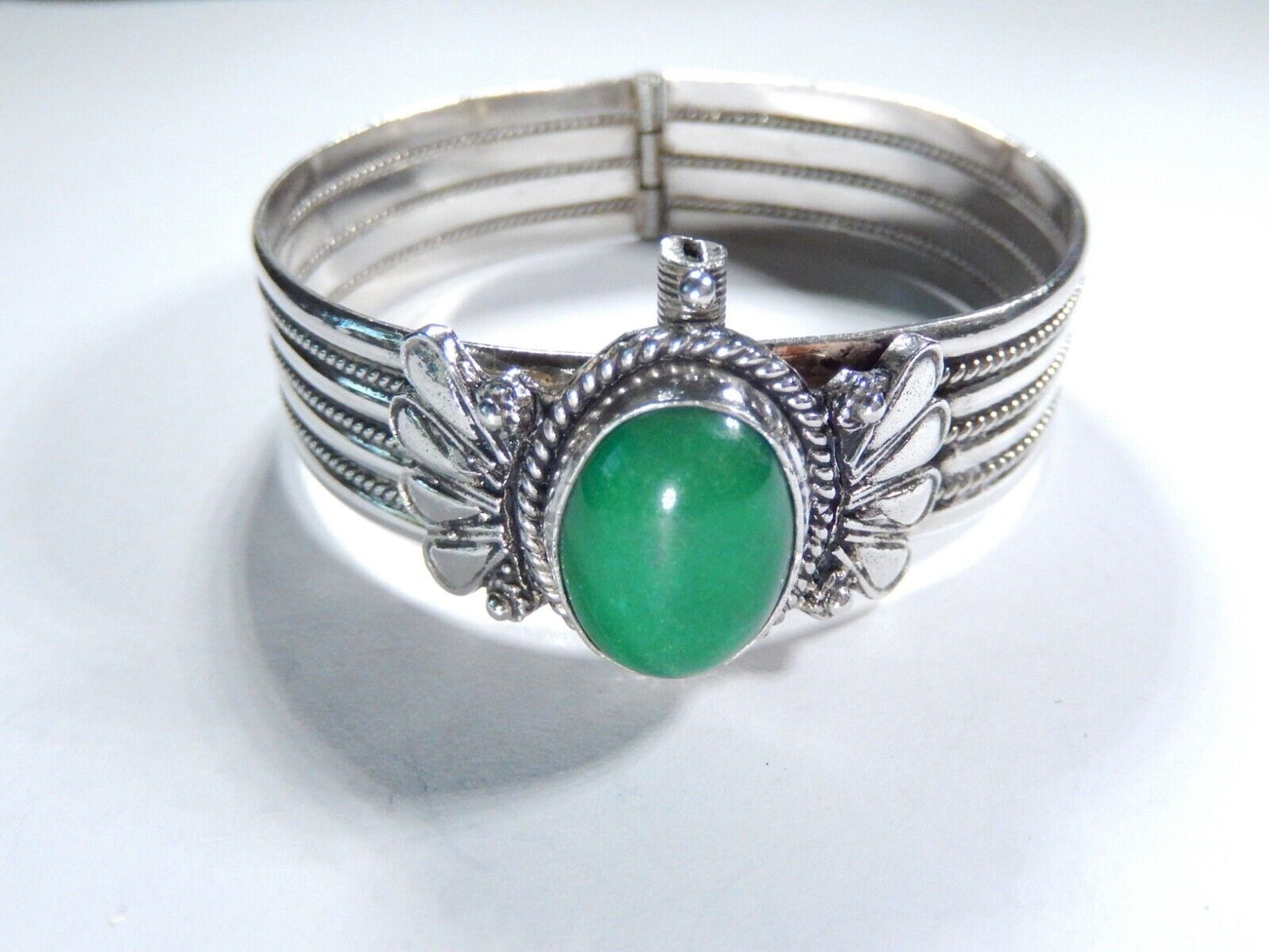 *VINTAGE*  900 SILVER - Green Aventurine Turkoman Boho Hinged Cuff Bracelet 37gm