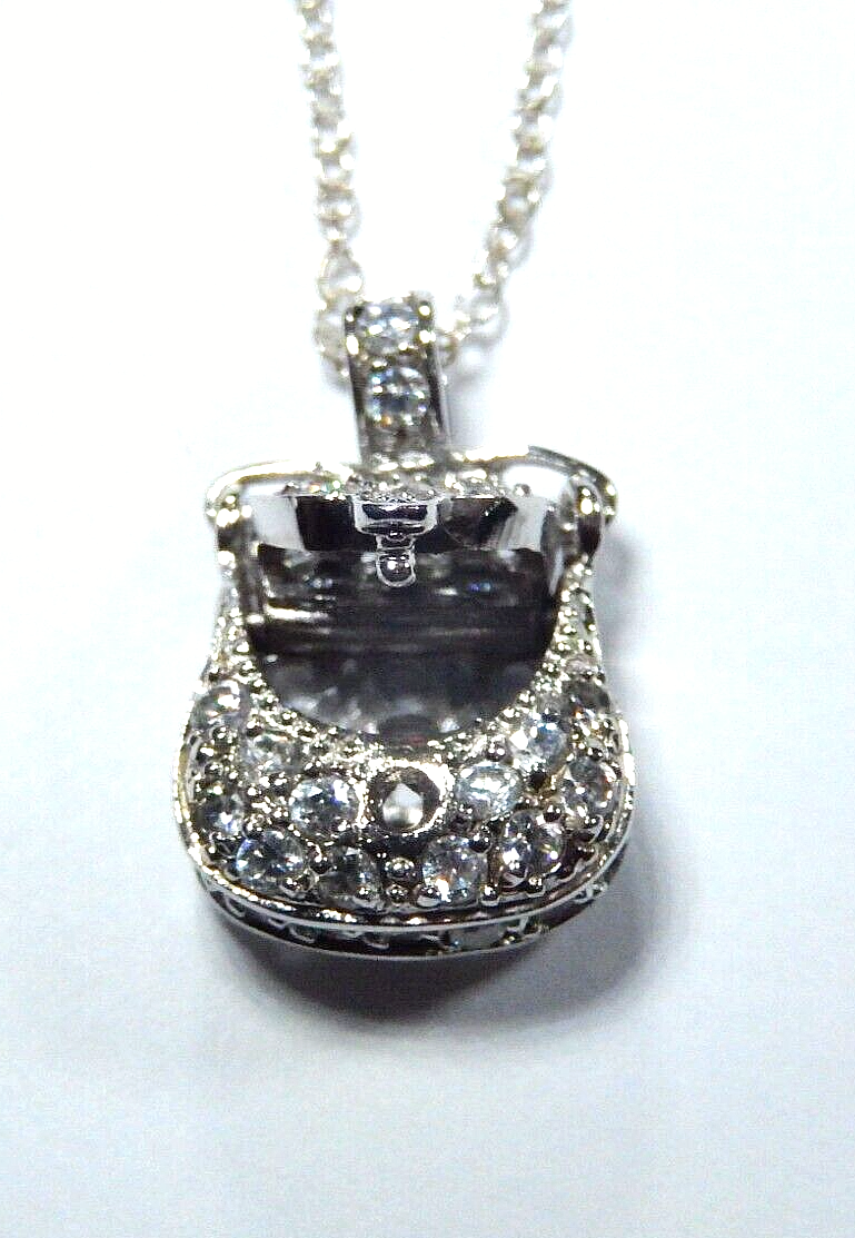 *VINTAGE* Sterling Silver & Cubic Zirconia Pave PURSE PENDANT NECKLACE 18"