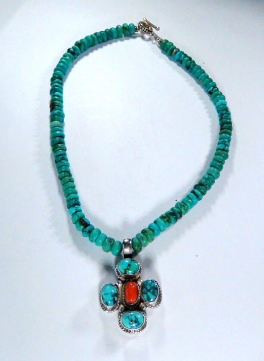 *VINTAGE*  Southwest Sterling Silver 16" Turquoise Bead Cross Necklace w/Coral
