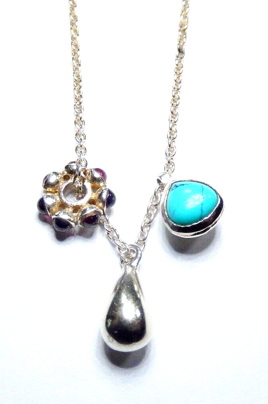 Sterling Silver 3 Bead Turquoise - Garnet-Silver Dangle Pendant 18" Necklace