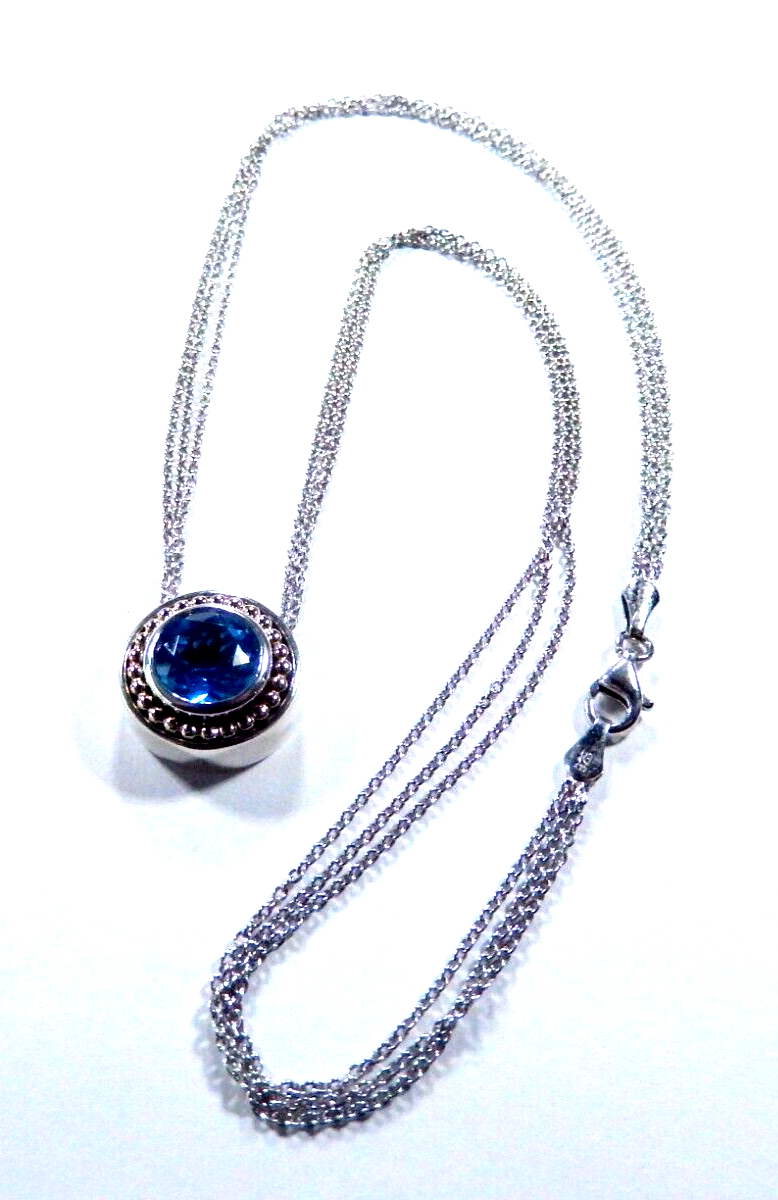 10mm RD Blue Topaz 14K Yellow Gold 925 Sterling Silver Pendant 3 Strand Necklace