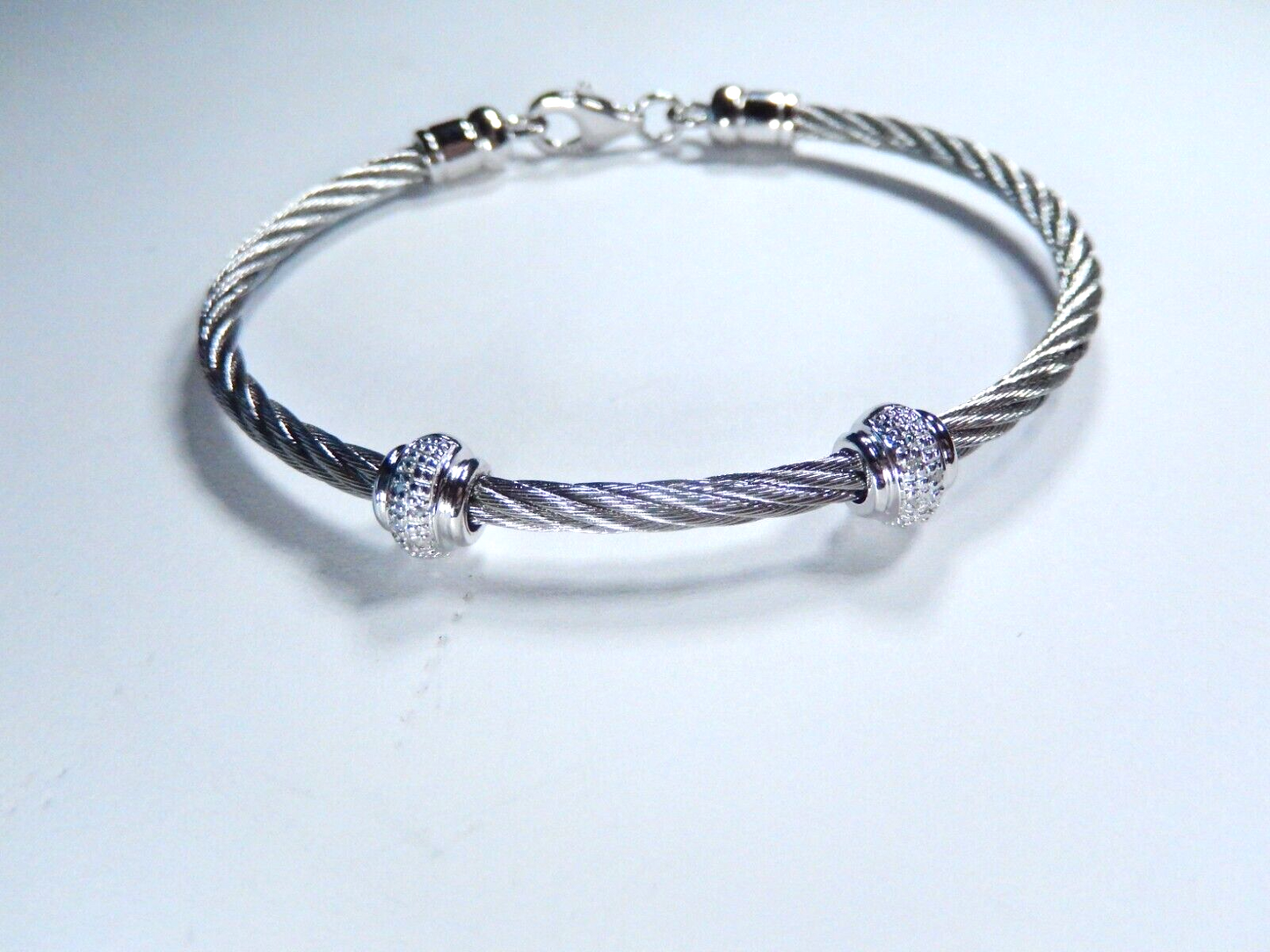 ~Women's Sterling Silver & Stainless Steel Diamond Twist Bead Bracelet Size = 7"