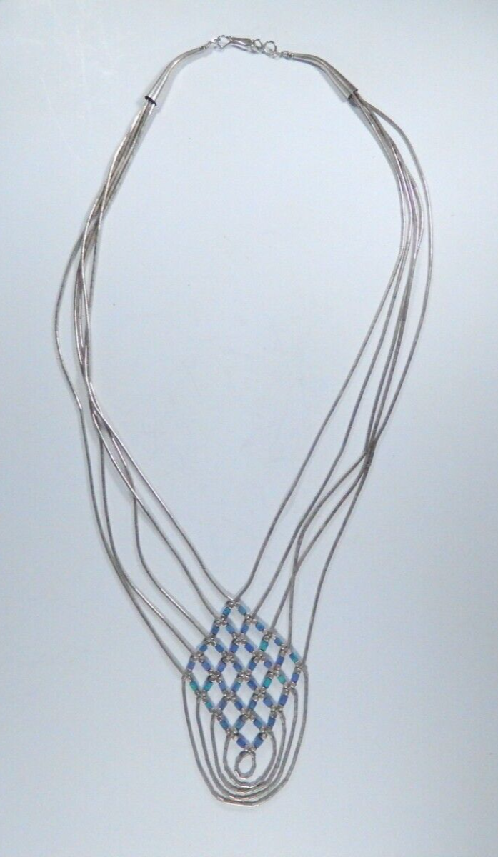 VINTAGE SOUTHWESTERN STERLING SILVER AND TURQUOISE LIQUID SILVER MESH NECKLACE