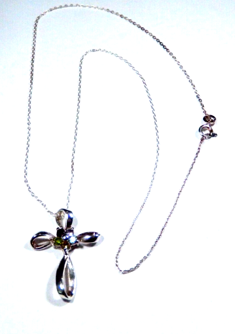 Sterling Silver Freeform Cross Multi Gem Pendant with 18 Sterling Chain