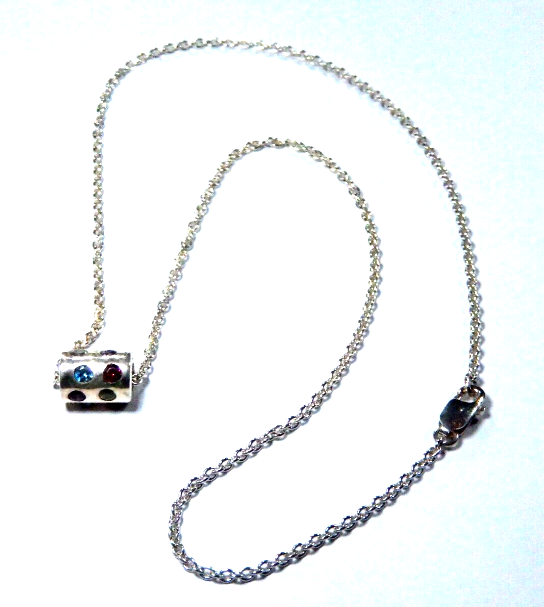 *VINTAGE*  Sterling Silver Rainbow Multi Gemstone Barrel Pendant w/16" Chain