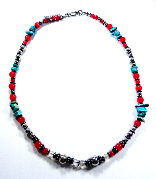*VINTAGE* Turquoise & Carnelian & Silver Southwestern Beaded 17" Necklace