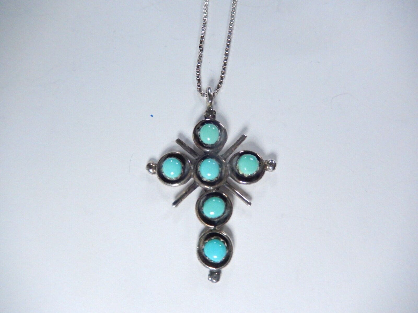 *VINTAGE*  Zuni Artist "HM" Sterling Silver Turquoise Cross Pendant w/20" Chain