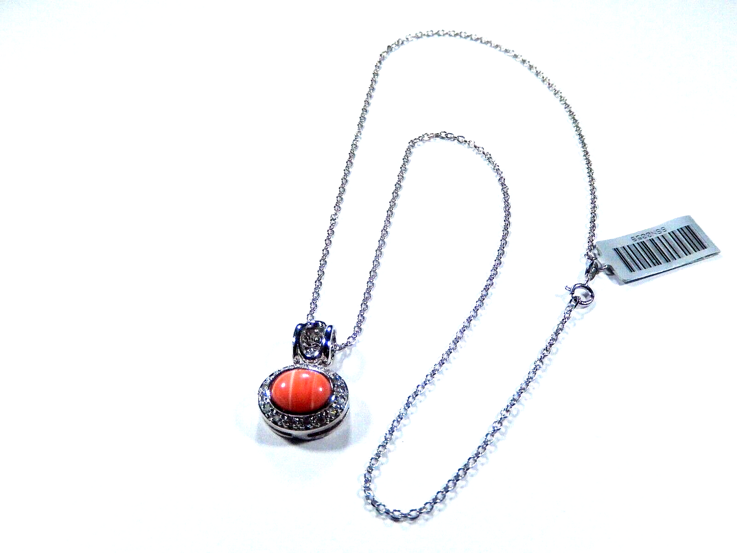 925 Sterling Silver Oval 8x10mm Pink Coral with 23 CZ's Halo Pendant & 18" Chain