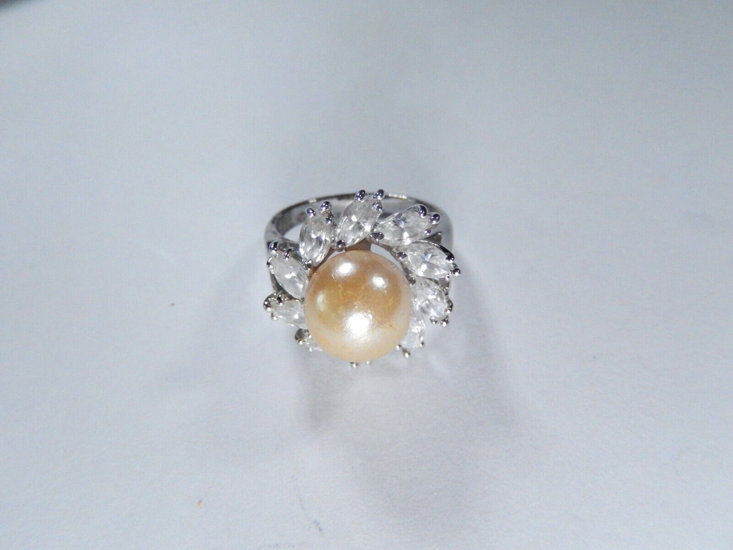 Sterling Silver 925 Faux Pearl and Cubic Zirconia Statement Ring  Size 7