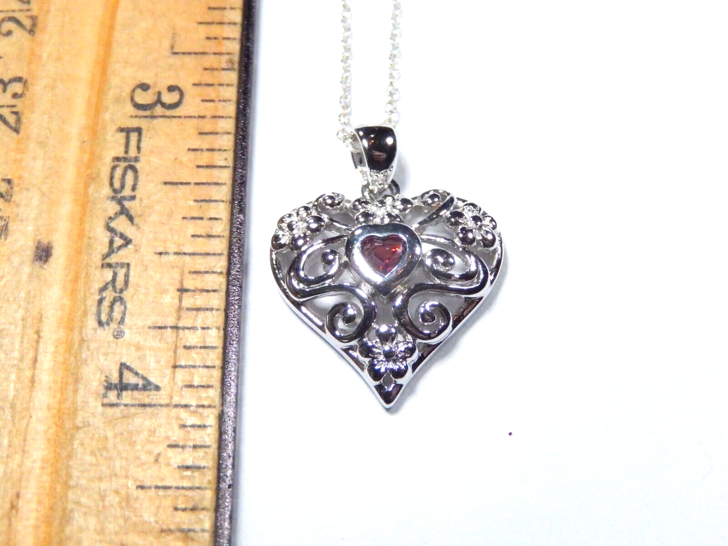 Ross Simons Sterling Silver Filigree Red Garnet Heart Pendant w/18" Ster. Chain