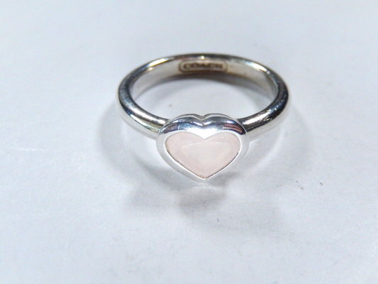 *VINTAGE* Sterling Silver Coach Ring with Rose Quartz Heart Shaped Stone Sz 7.75