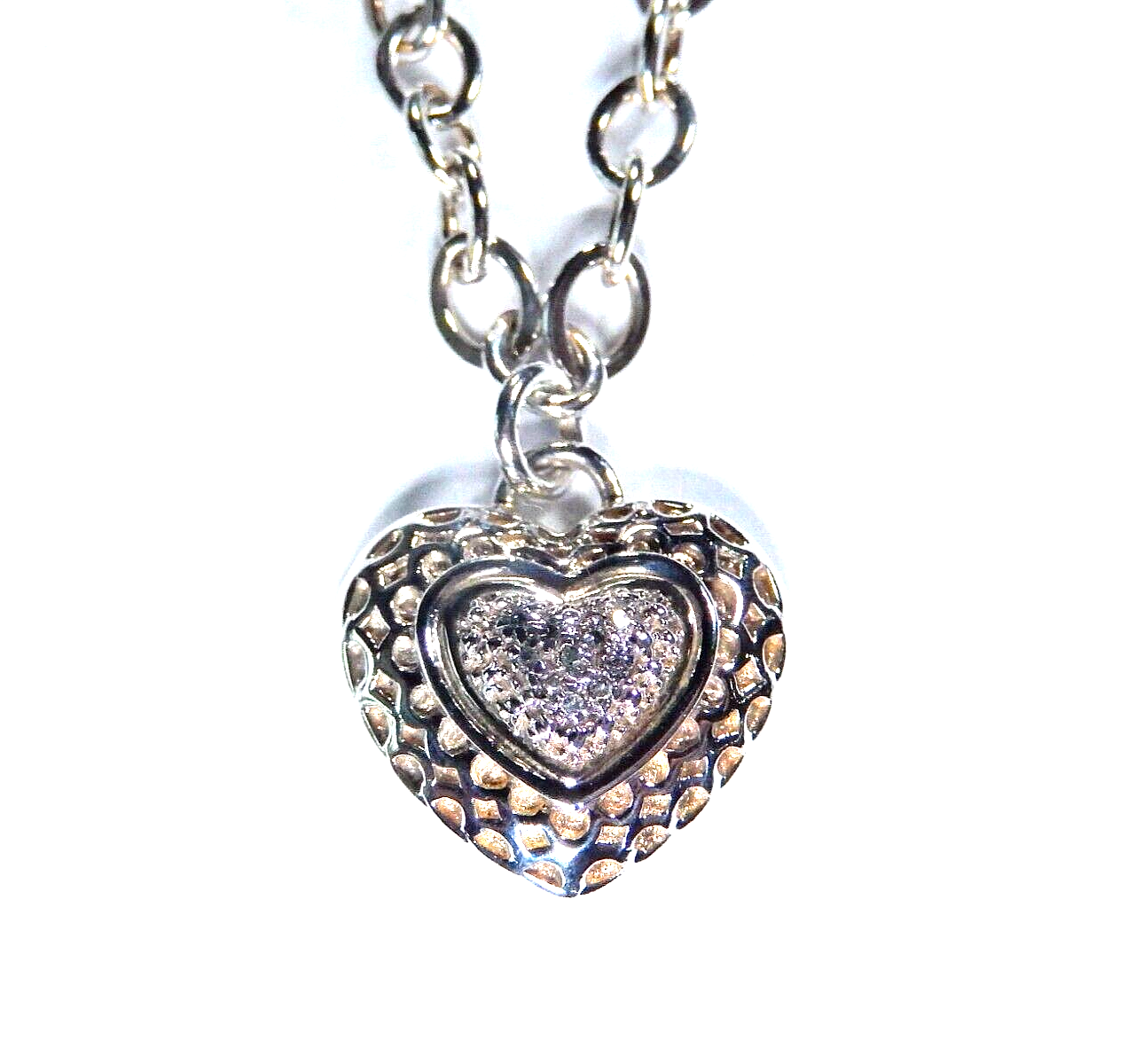 Sterling Silver Signed V 925 Diamond Cluster Heart Pendant w/Heavy Rolo Chain