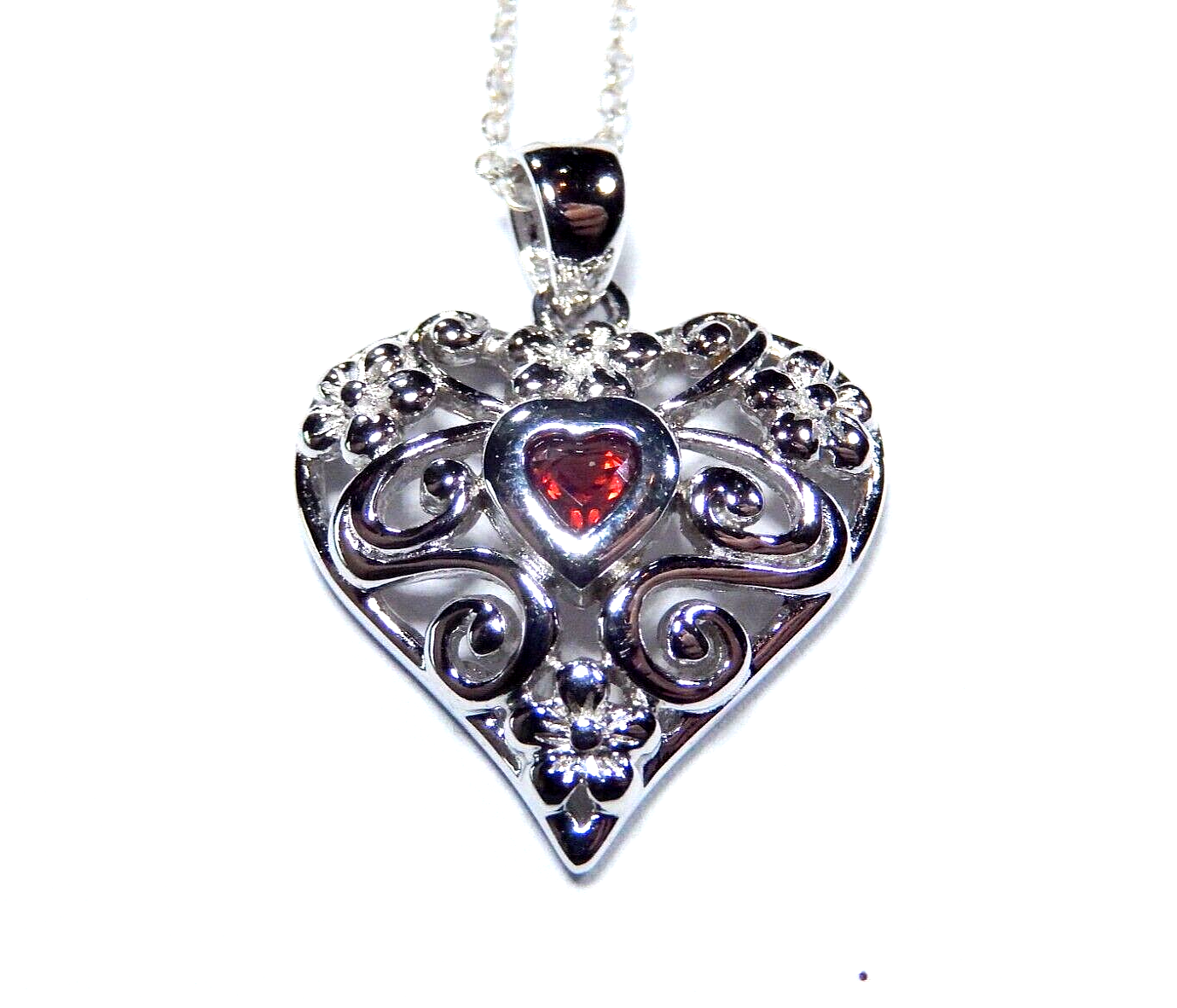 Ross Simons Sterling Silver Filigree Red Garnet Heart Pendant w/18" Ster. Chain