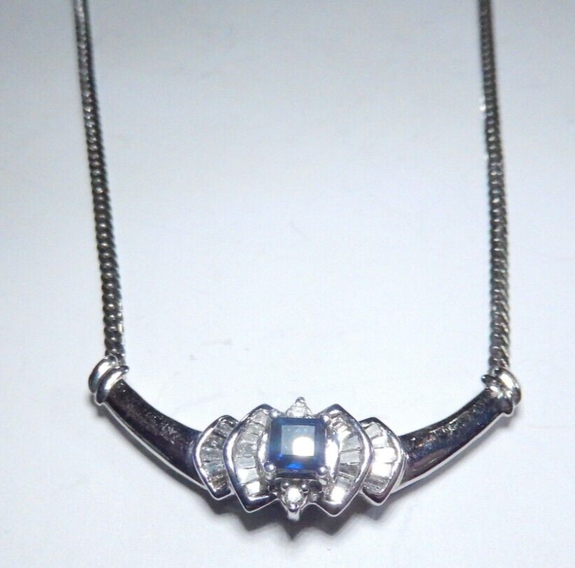 VINTAGE  14K White Gold Blue Sapphire and Diamond Halo Necklace 175