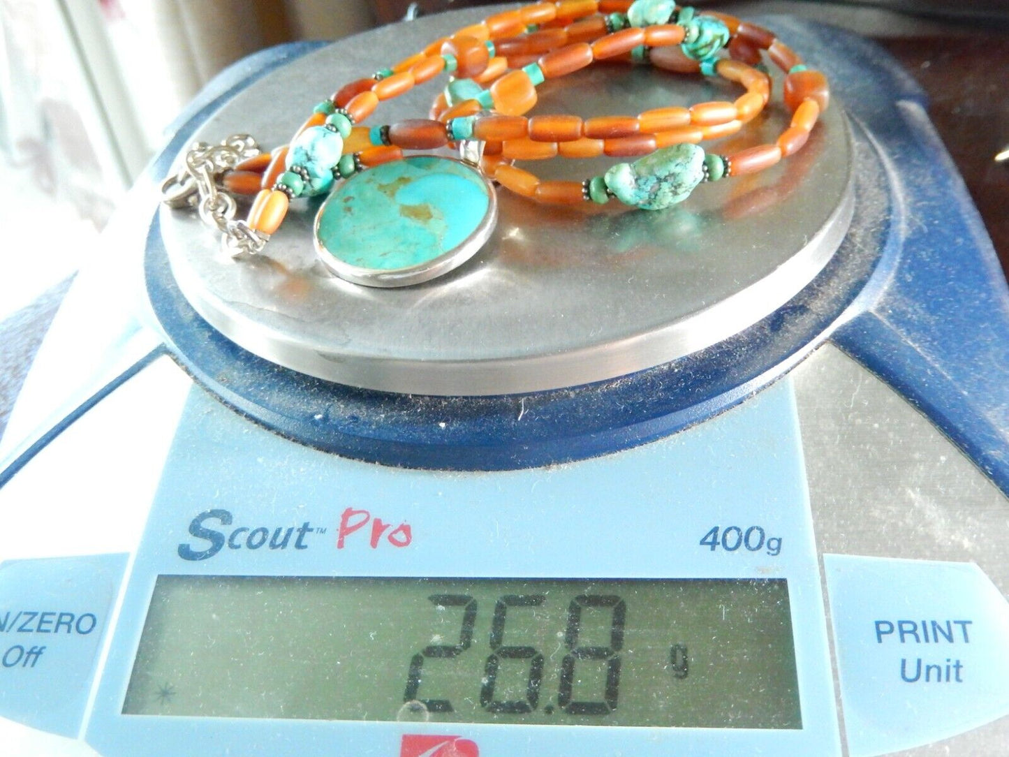 *VINTAGE* Sterling Silver 925 Turquoise Pendant On Beaded Necklace 16" - 18"
