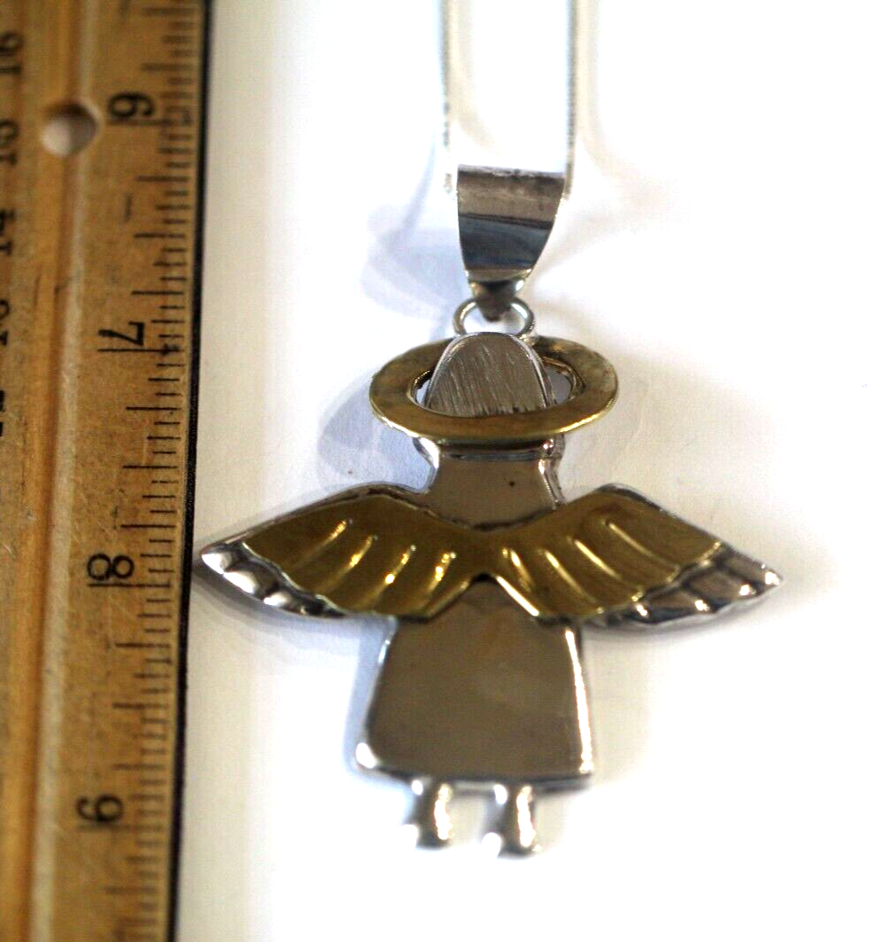 *VINTAGE* LARGE Angel Pendant  Stamped 925 Silver & Brass Taxco Mexico w/18" Cha