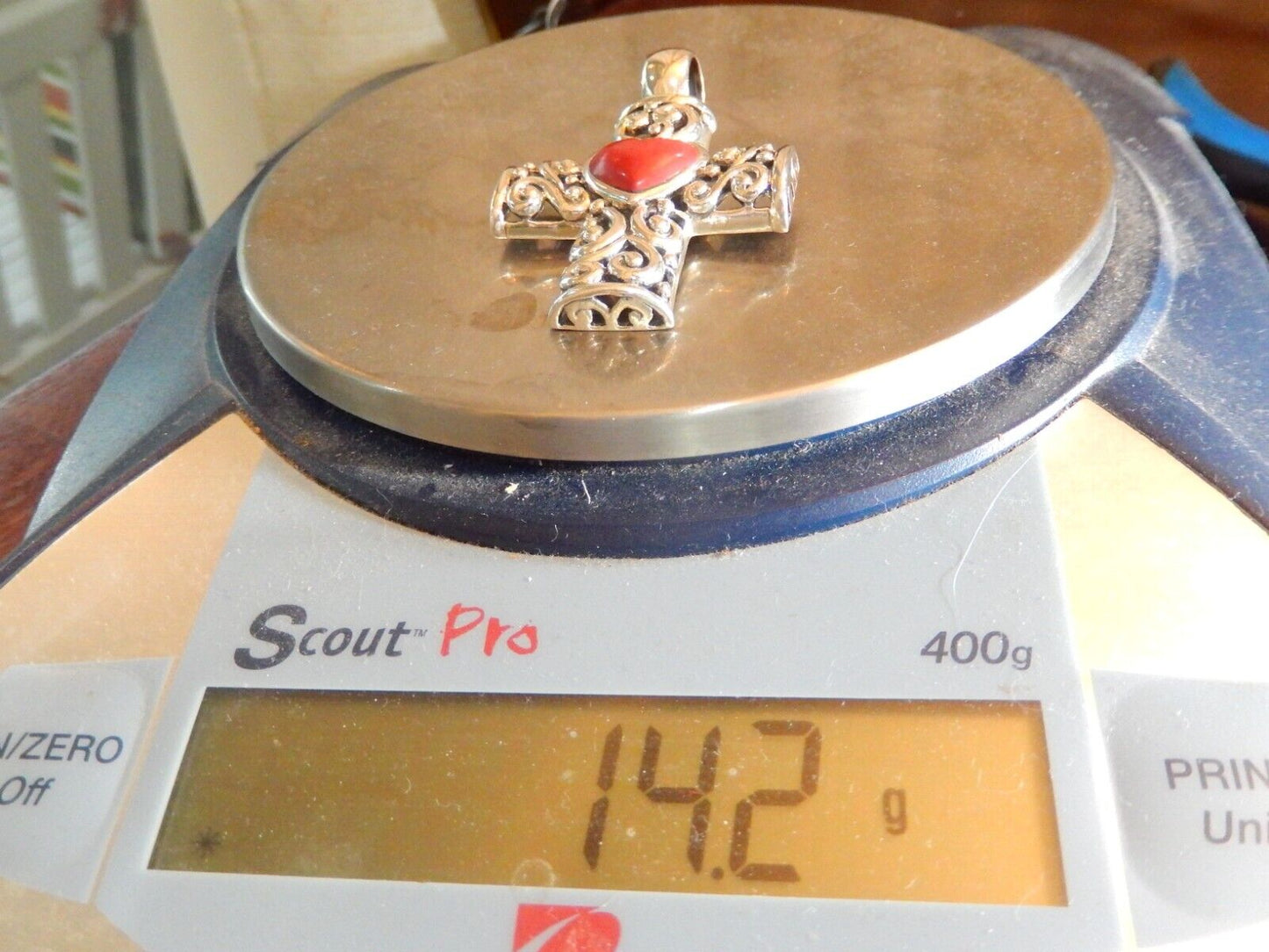LARGE - Sterling Silver Filigree Cross Pendant with Red Coral Gemstone Heart