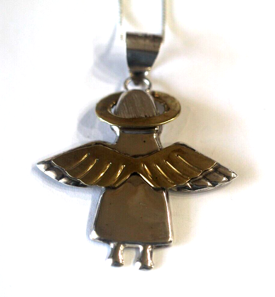 *VINTAGE* LARGE Angel Pendant  Stamped 925 Silver & Brass Taxco Mexico w/18" Cha