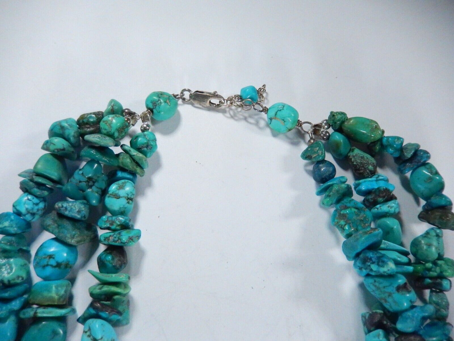 *VINTAGE*  Three Strand Turquoise Nuggets Sterling Silver Necklace 16” - 18”
