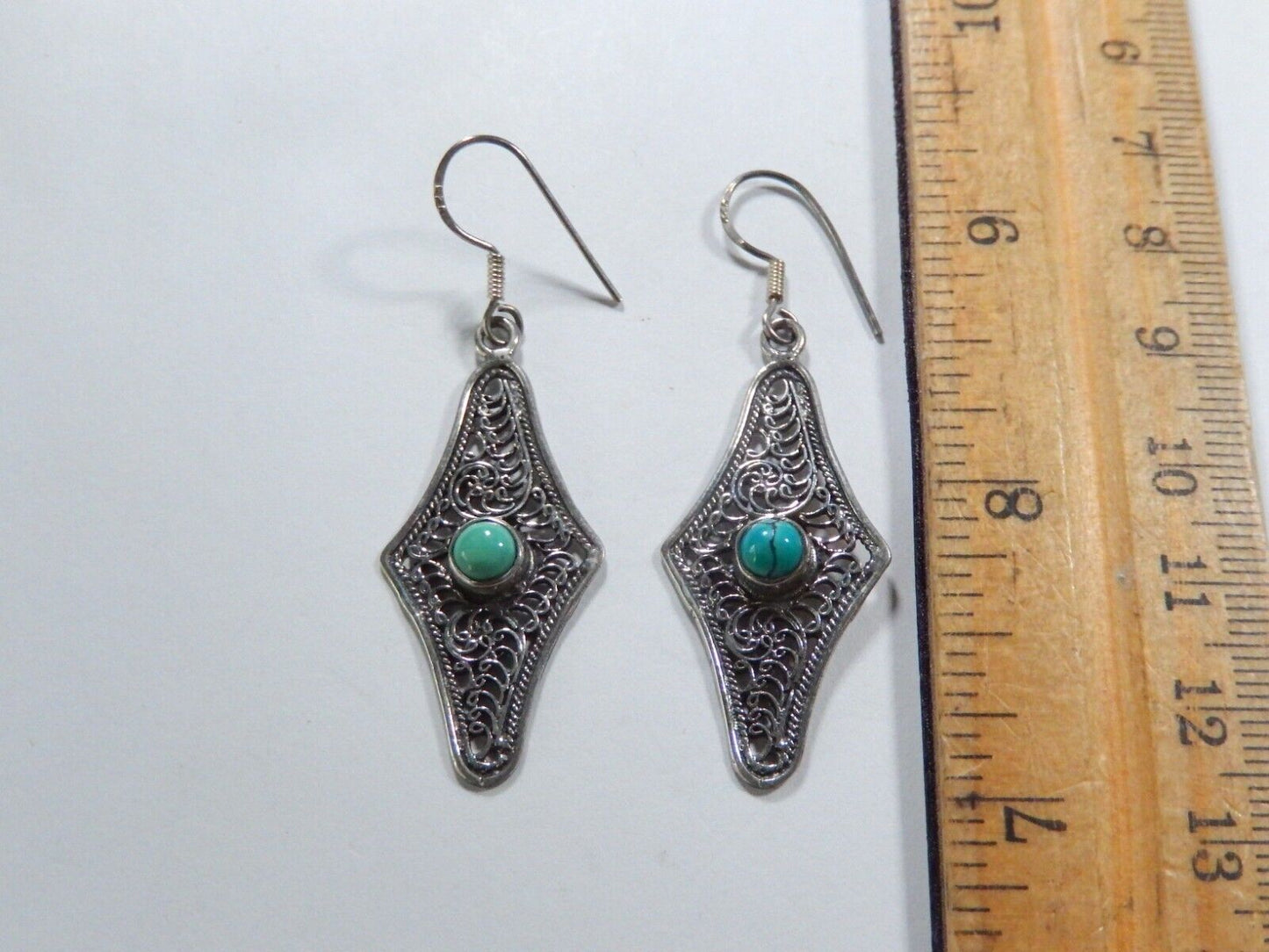 Southwest Style Sterling Silver Turquoise Filigree Dangle Wire Earrings